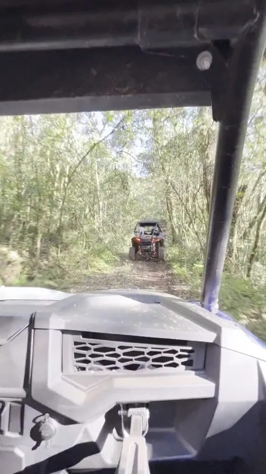 Vídeo vertical do ponto de vista de um UTV seguindo outro veículo por uma trilha estreita na mata